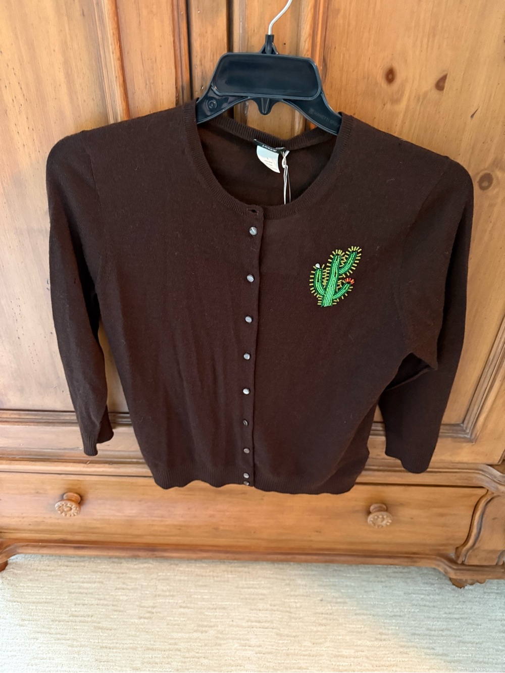 J. Crew Brown Cardigan with Green Cactus Beads